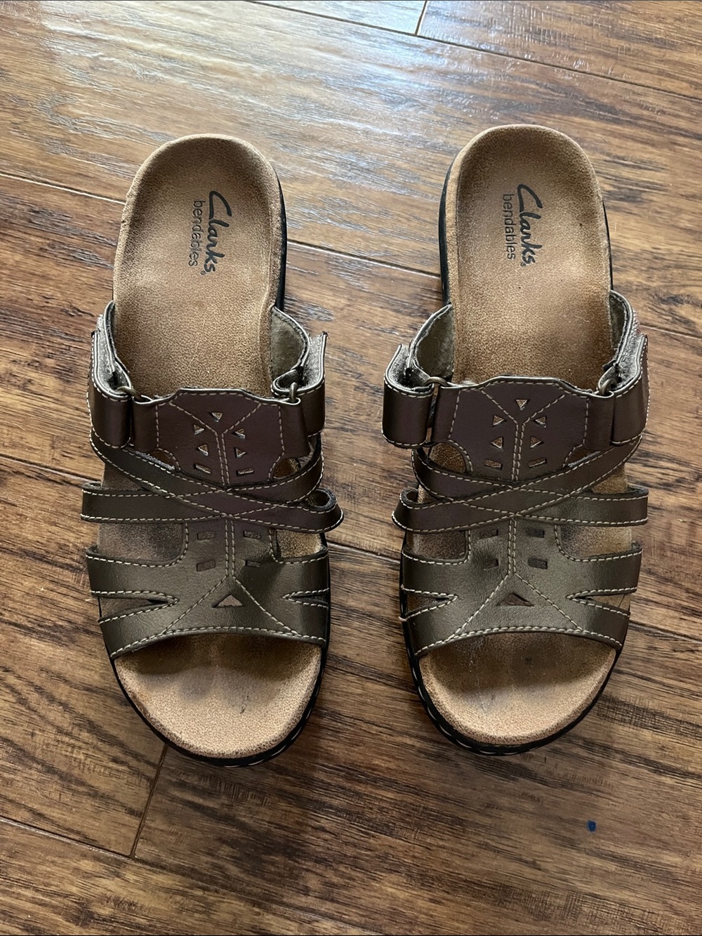 Clarks Brown Leather Slide Sandals with Strap Detail